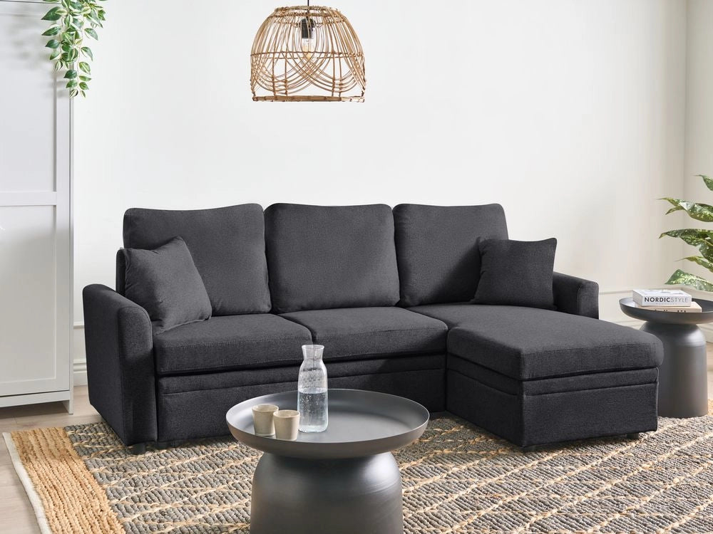 Divano letto angolare con contenitore lato sinistro nero rivestimento in poliestere effetto lino contenitore cuscini design moderno