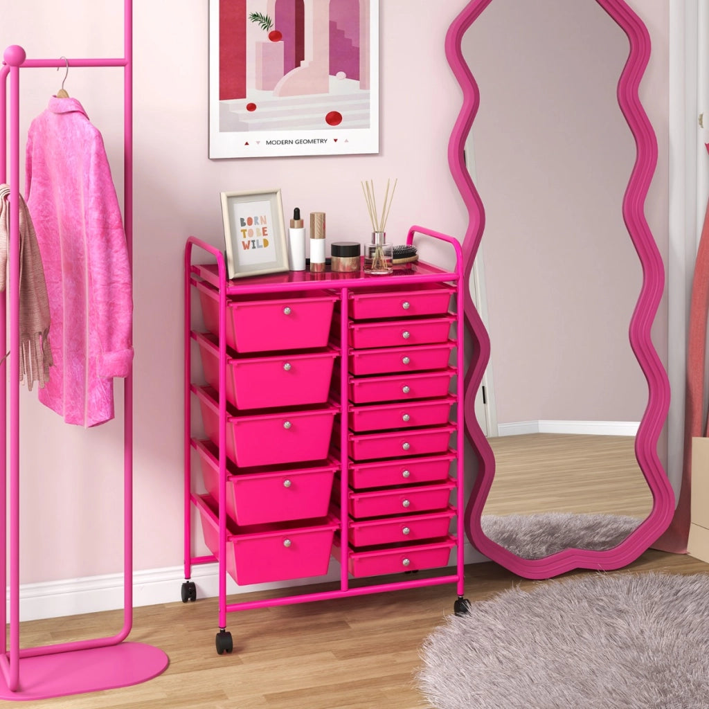Carrello con 15 cassetti estraibili e ruote con freno, Carrello multiuso per casa ufficio scuola Rosa scuro-Armadi da ufficio