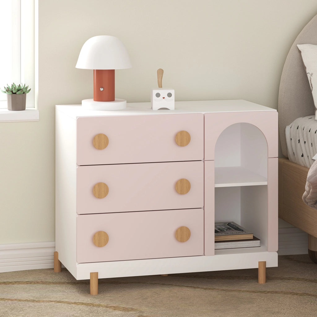 Cassettiera Vaarentaa per Cameretta con 3 Cassetti e 2 Vani Aperti 79x41x66 cm - Bianco/Rosa [en.casa]