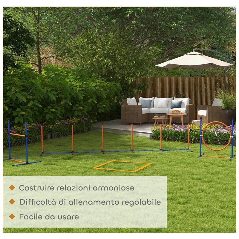 SET AGILITY DOG CON ANELLO E BARRA PER SALTO, PALETTI SLALOM, FISCHIETTO, PALLINE E BORSA, ARANCIONE