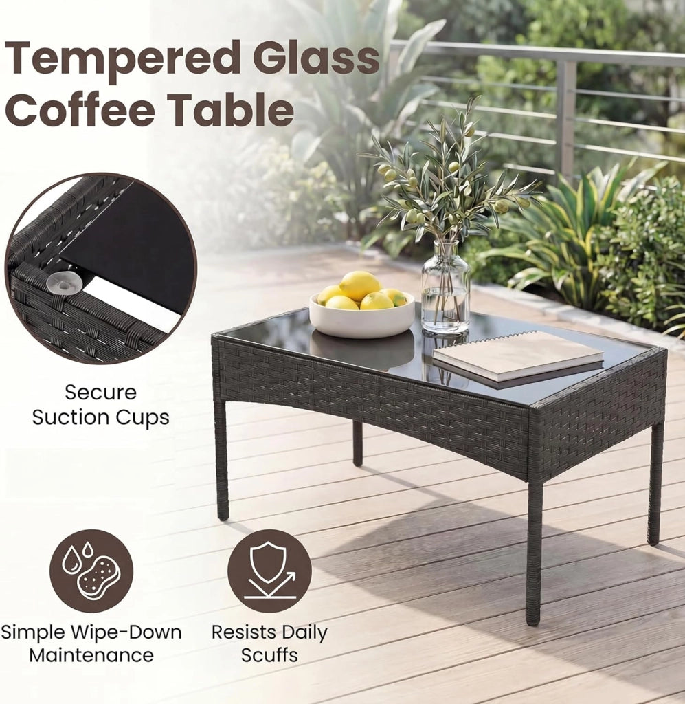 Salotto da Giardino Esterno 4 Pezzi, Set da Esterno in Rattan con Tavolino con Piano in Vetro, Divano 2 Posti e 2 Poltrone, Set da Conversazione con Cuscini per Patio, Balcone e Terrazzo (Grigio)