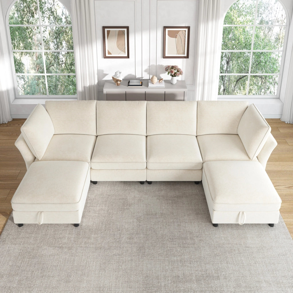 Divano angolare modulare a U con spazio contenitore e cuscini per 6-7 persone, in ciniglia beige, 289 × 137 × 84 cm