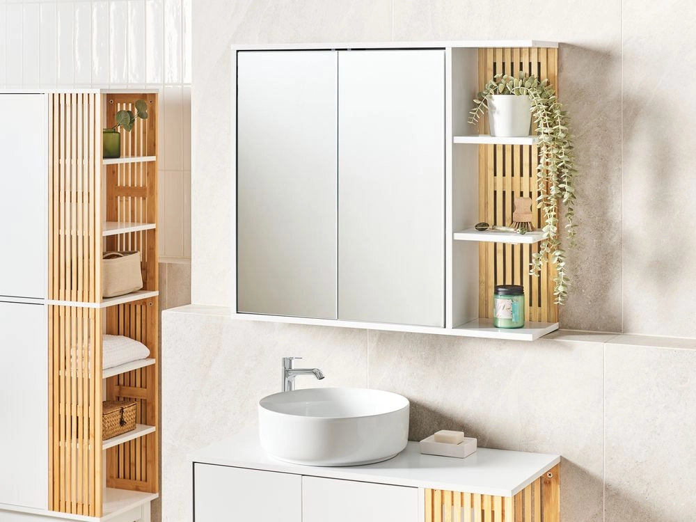 Mobiletto per bagno MDF con scaffali in bambù spazio di archiviazione arredamento per bagno bianco e legno chiaro