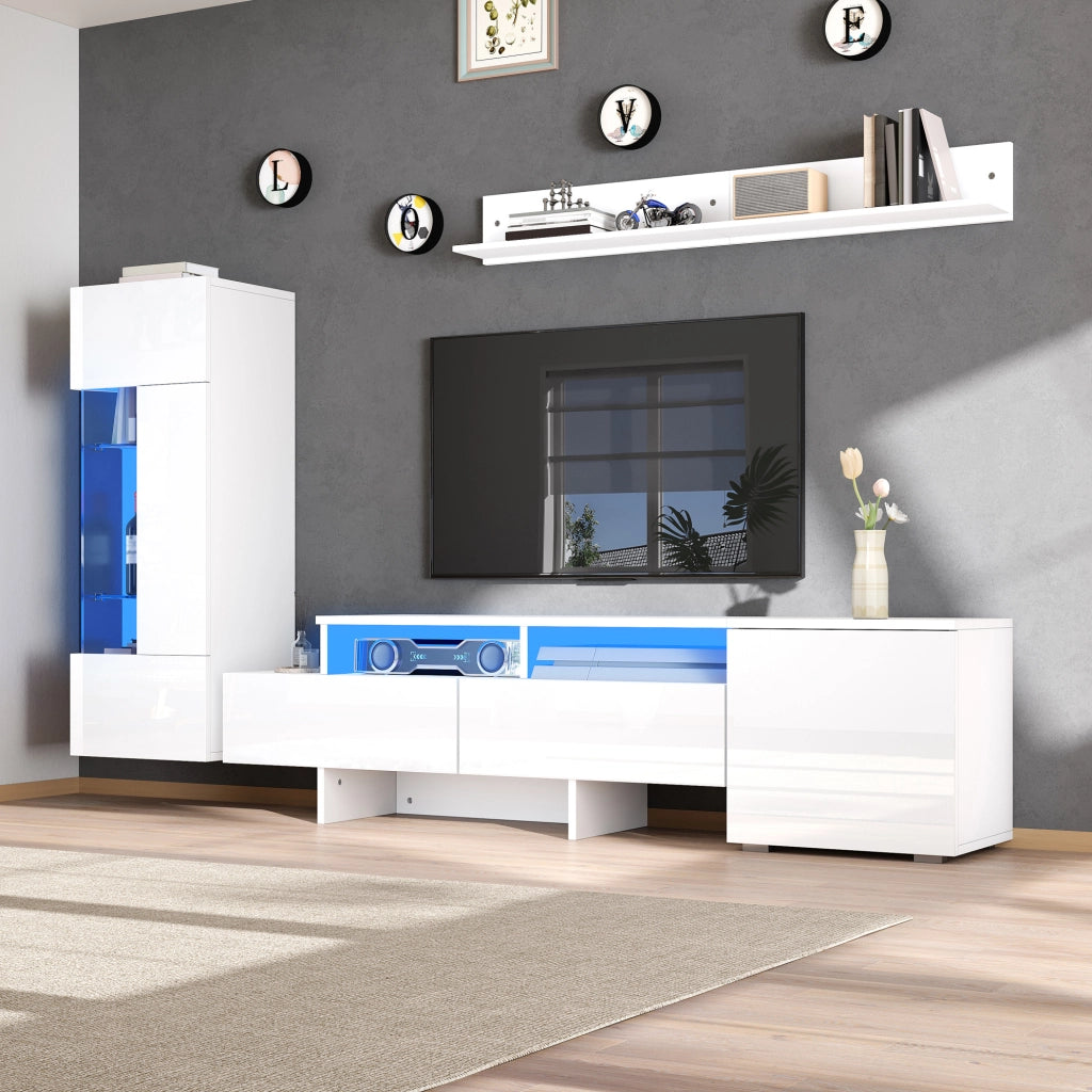 Set mobili TV 3 pezzi con LED e frontali lucidi bianco HOMVRA
