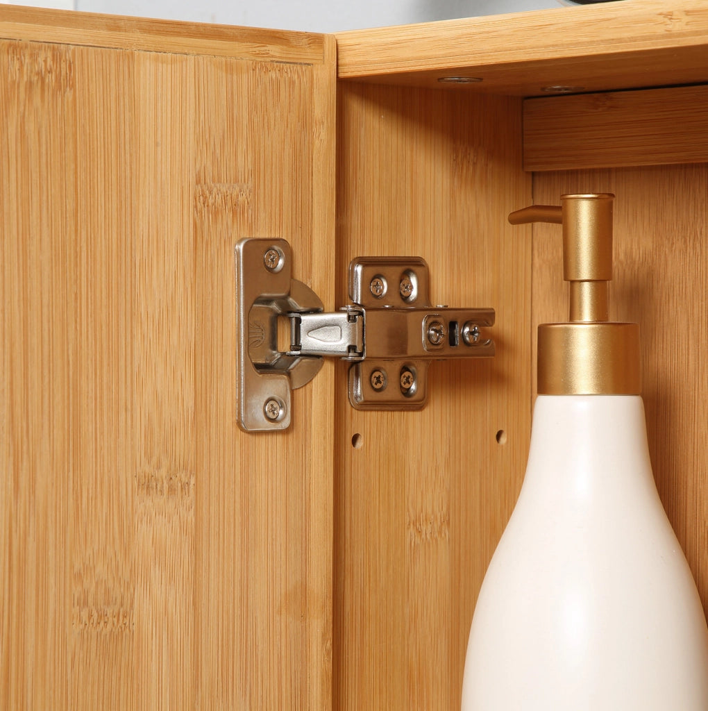 Armadietto bagno sospeso in bambù con doppia anta a specchio