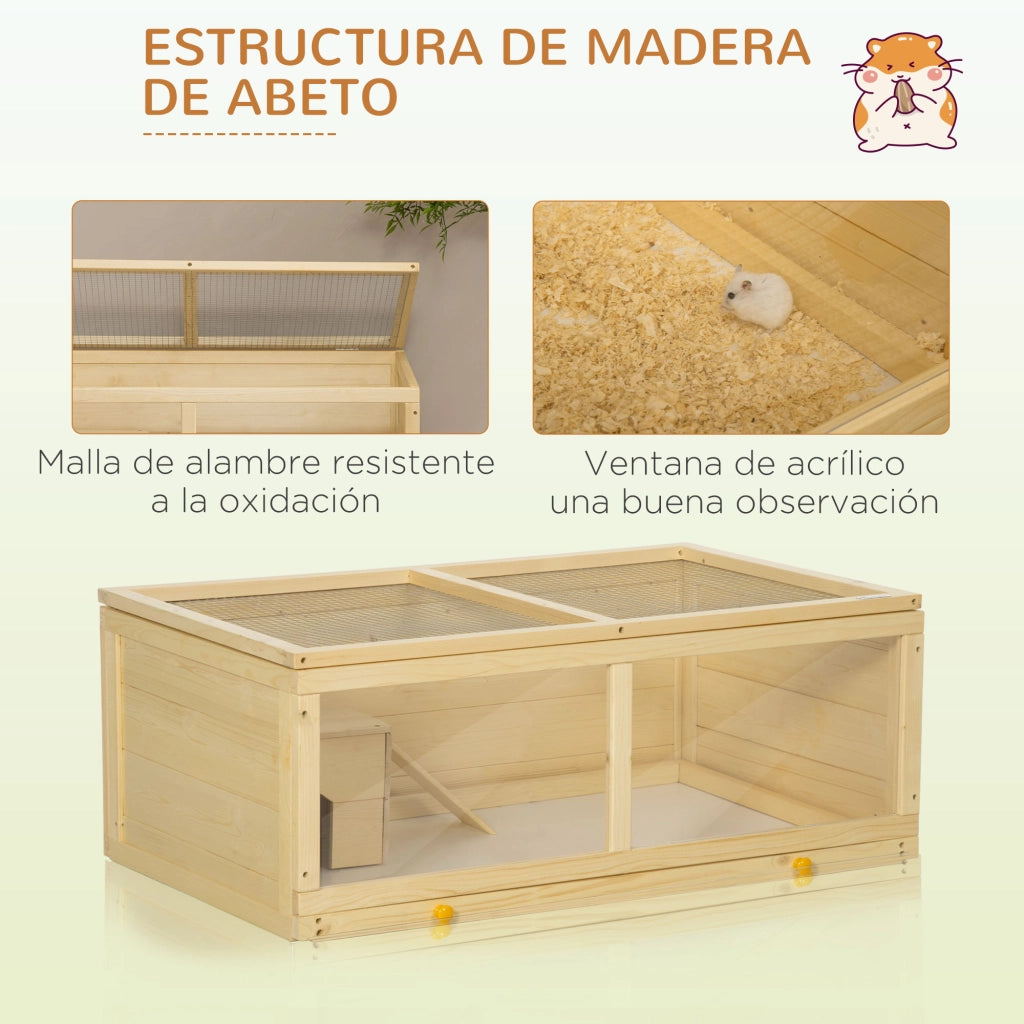 Casetta per Criceti in Legno con Tetto Apribile, Pannello in Acrilico e Cassetto Estraibile ¨C zephmum ¨C 100x58x38 cm Naturale