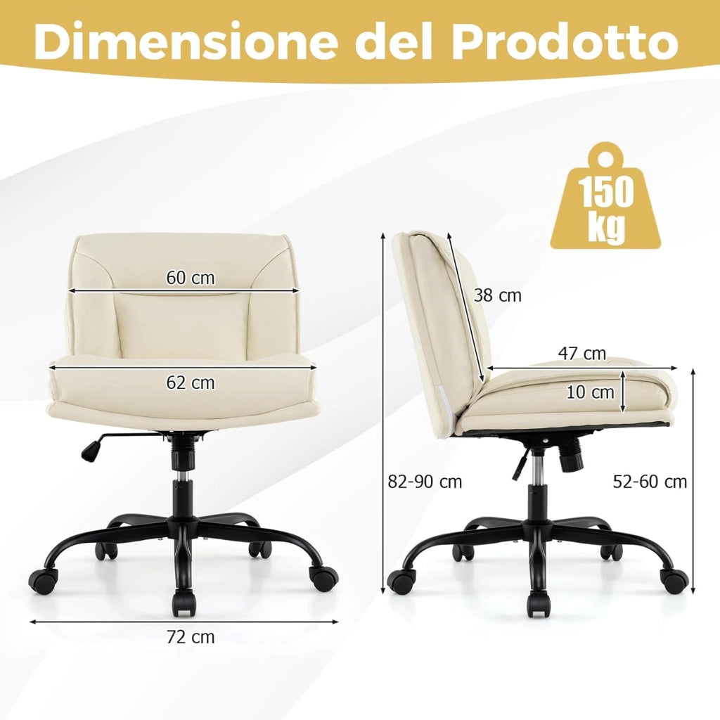 Sedia Ufficio con Ruote, Sedia da Scrivania Senza Braccioli con Schienale e Sedile Ampi, Altezza Regolabile, Meccanismo a Gas, Girevole a 360°, Portata 150 kg
