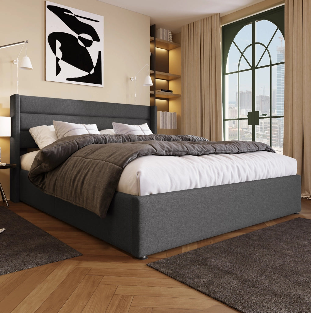 Letto matrimoniale imbottito con contenitore 140x200 cm in lino grigio; con rete sollevabile