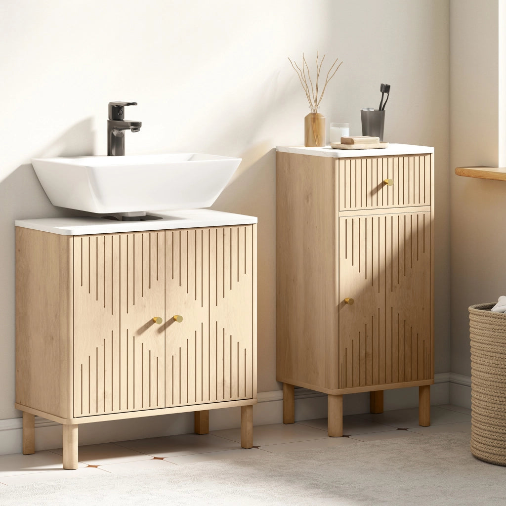 Mobile Sottolavabo a 2 Ante con Ripiano Effetto Marmo e Mensola Regolabile 60x30x63 cm in MDF Rovere