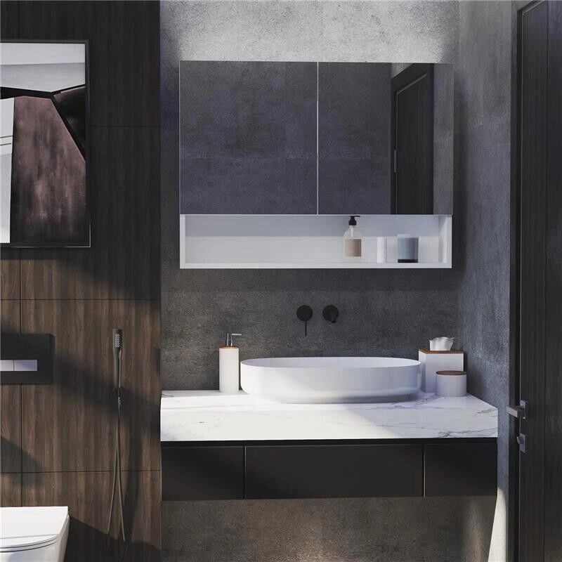ARMADIETTO CON SPECCHIO A MURO E LUCI A LED E RIPIANO 80X15X60CM
