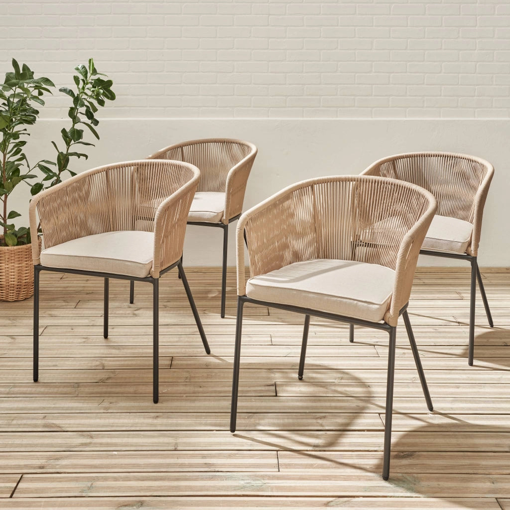 Set 4 sedie in corda e acciaio zincato, beige