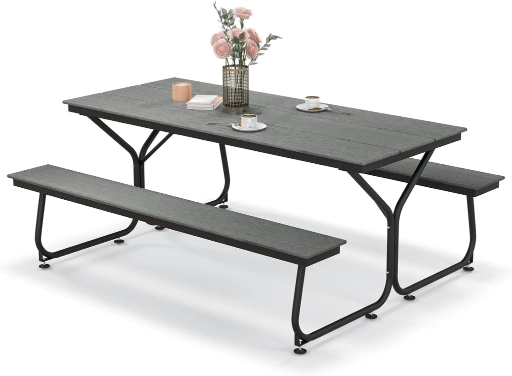 Tavolo da Pranzo 183 CM con 2 Panche per 8 Persone, Set da Picnic in Metallo e HDPE con Foro per Ombrellone, per Giardino Terrazzo (Grigio)