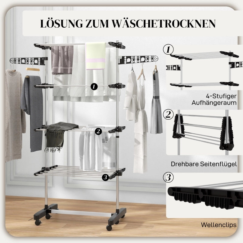 Stendibiancheria a 5 ripiani, pieghevole, con sistema one-click, 142 cm x 55 cm x 172 cm, nero + argento