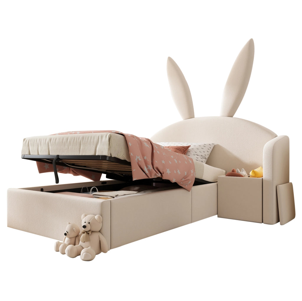 Letto singolo 90x200 cm con contenitore; comodino reversibile; velluto beige