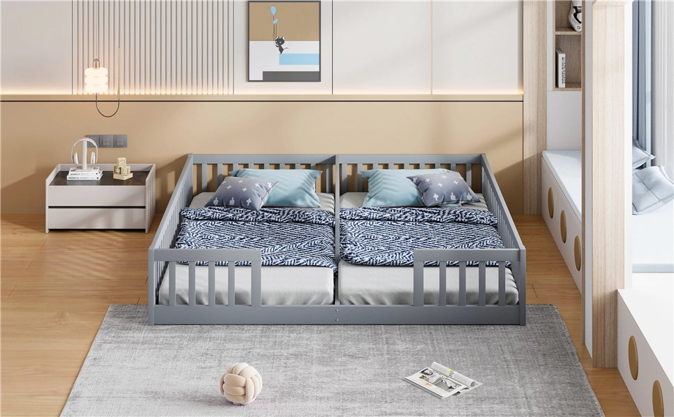 DESMIU Letto bambino 90 × 200 cm 2 posti con sponda di sicurezza, senza materasso, in pino e MDF, grigio