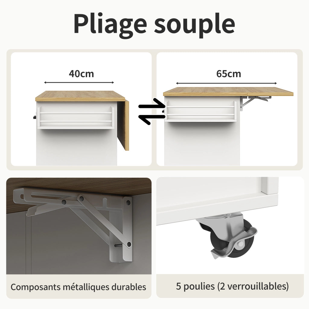 Carrello da Cucina con 3 Cassetti; 2 Ante; Piano Pieghevole; Portasciugamani e Portaspezie; Bianco