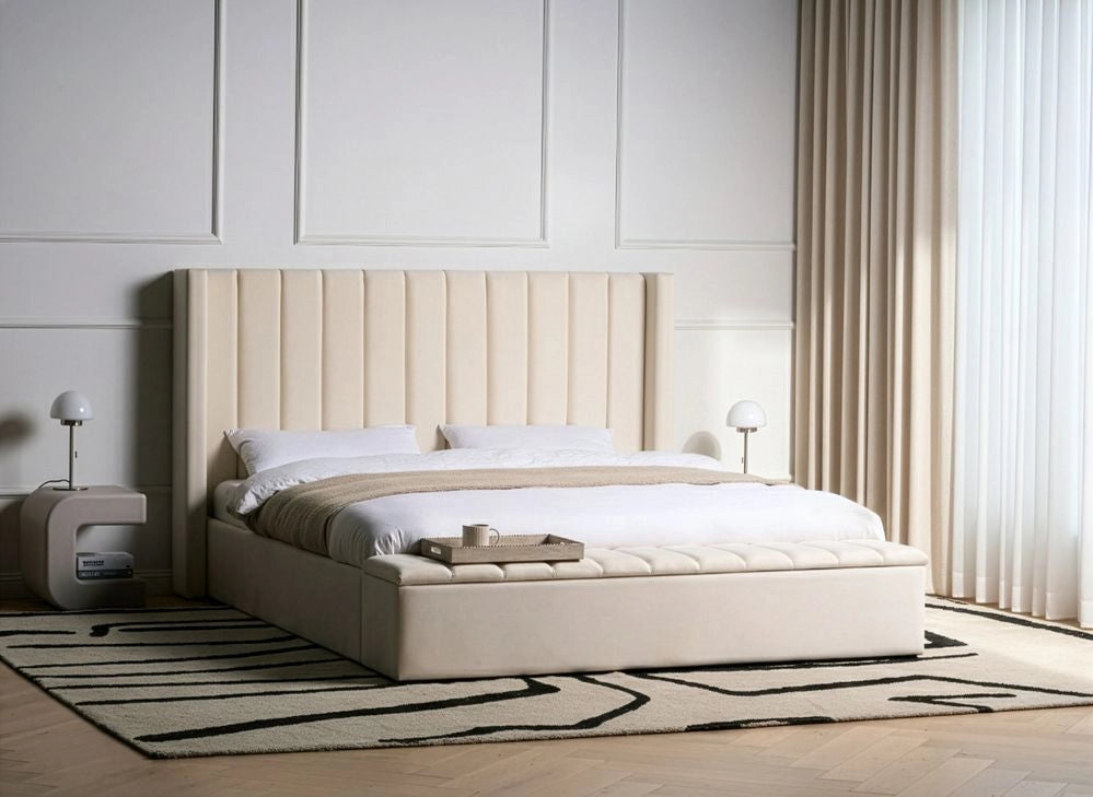 Letto matrimoniale velluto bianco sporco rete a doghe e cassapanca 180 x 200 cm stile moderno glam
