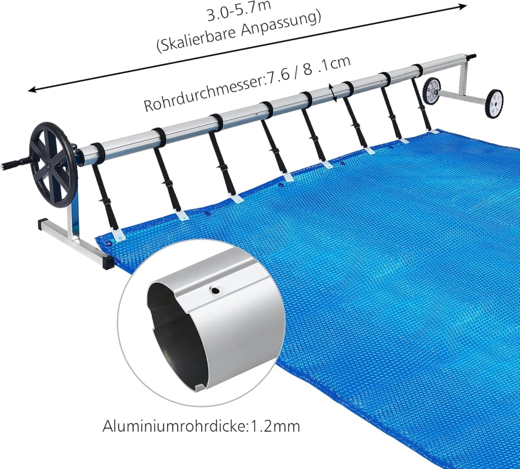 Avvolgitore per piscina, 3 – 5,7 m, dispositivo mobile per telone, sistema di avvolgimento di alta qualità, con nastri regolabili, tipo A