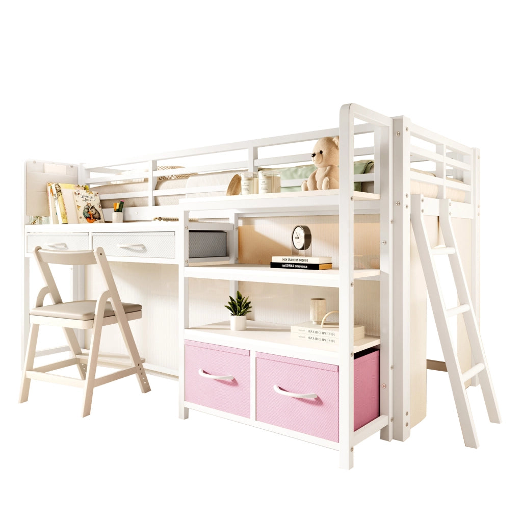 Letto a soppalco ULEVR 90x200 cm con scrivania, ripiani, cassetti in tessuto e LED multicolore, bianco