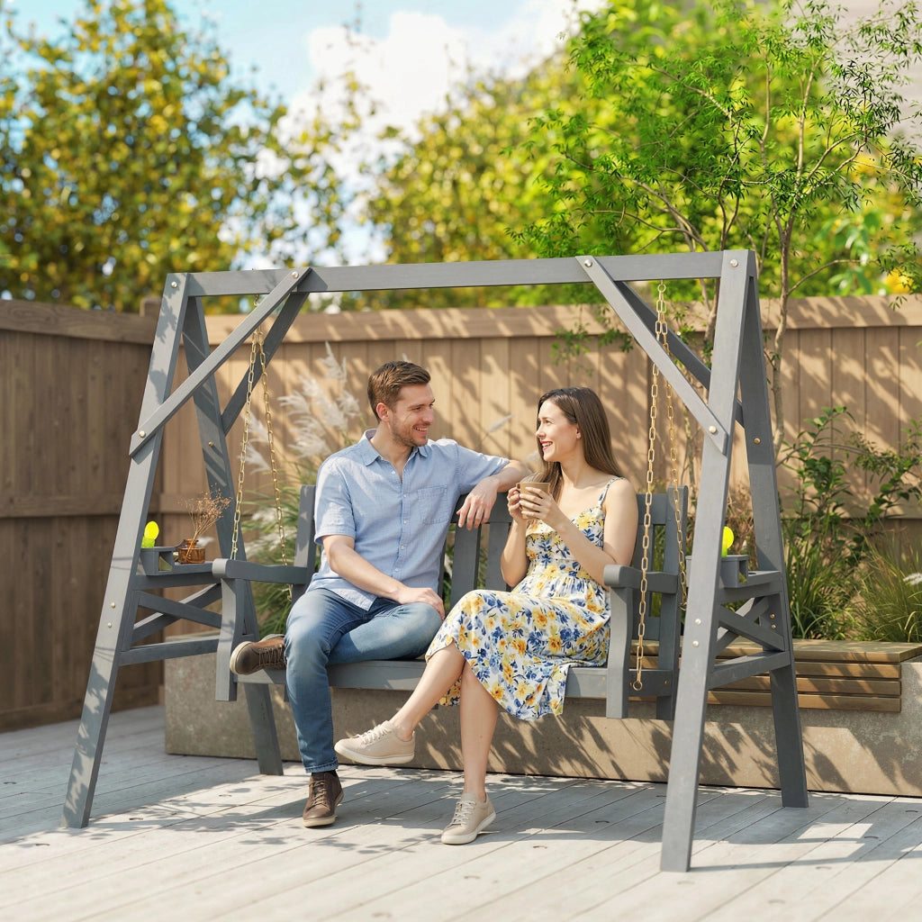 Divanetto a dondolo per giardino 2 posti con ripiani e portabicchieri ¨C zephmum ¨C Legno e metallo grigio 120x80x100 cm