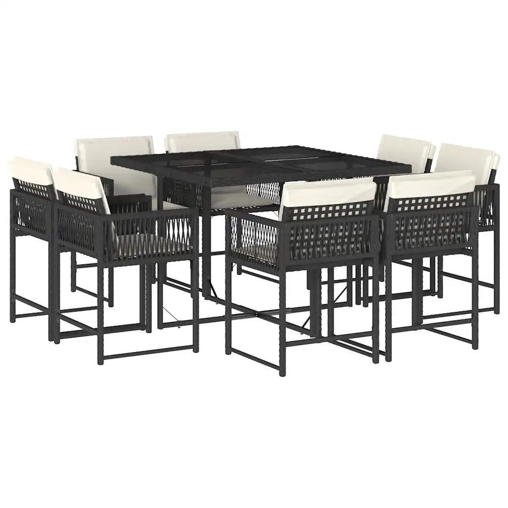 Set da Pranzo da Giardino 9 pz con Cuscini Nero in Polyrattan 3211554