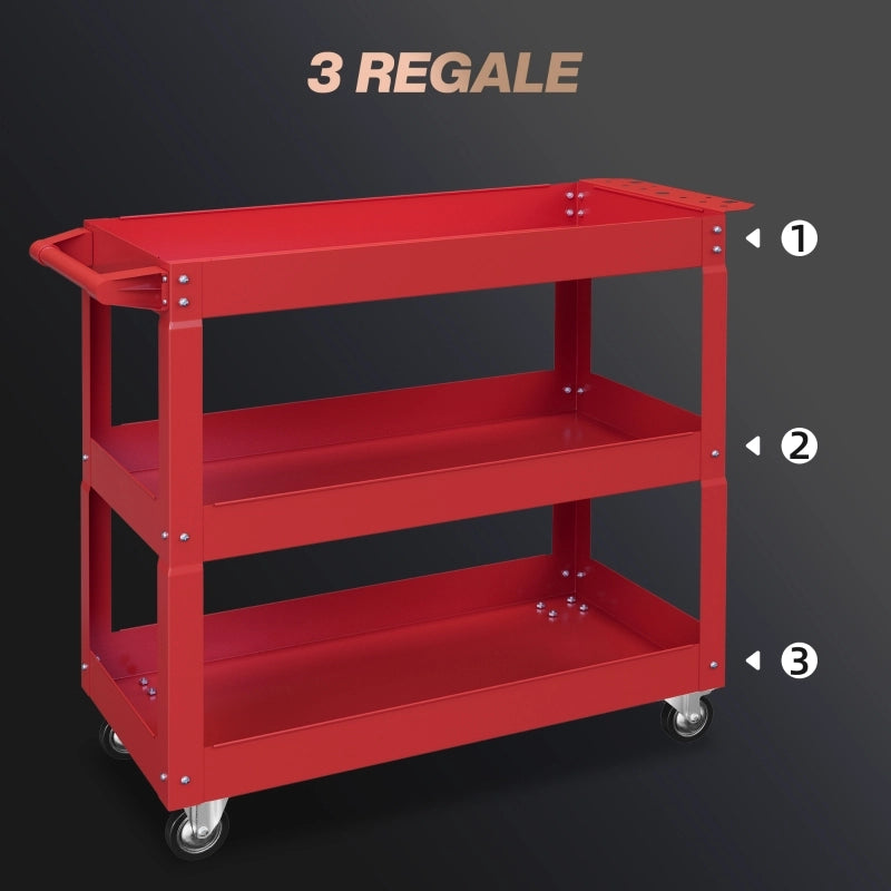 Carrello portautensili a 3 ripiani, 4 ruote, acciaio, 83 cm (larghezza) x 35,3 cm (profondit¨¤) x 76 cm (altezza), rosso