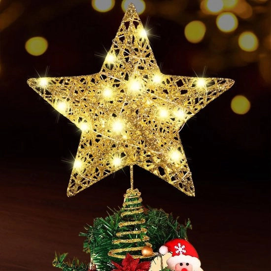 Decorazione per albero di Natale a stella d'oro - Topper per albero di Natale - Decorazione - Illuminazione LED - Atmosfera festiva - Materiale a filo di ferro