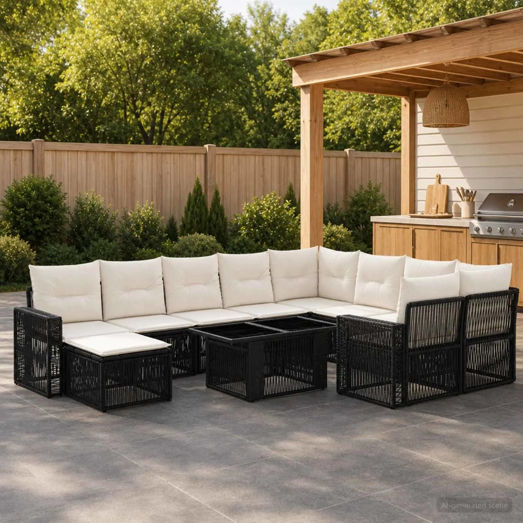Set Divano da Giardino 11 pz Nero e Bianco Crema polyrattan 3436882