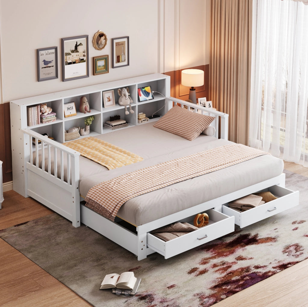 Divano letto estraibile in legno con contenitore, 2 cassetti e presa integrata