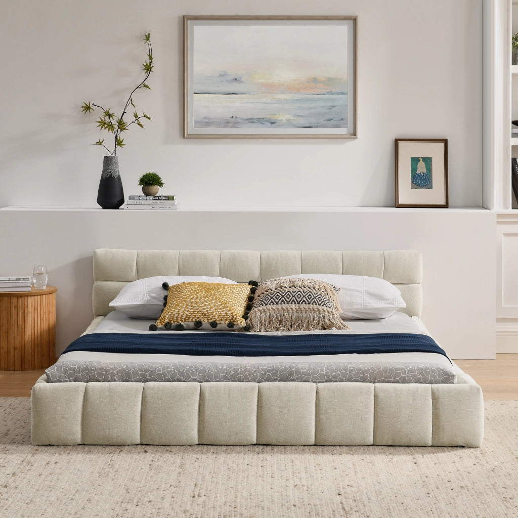 Letto Matrimoniale 160x200 cm; in Chenille con Struttura in Legno e Ferro Beige