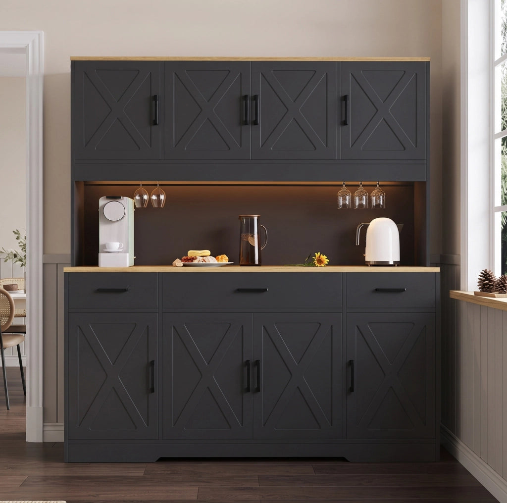 Credenza buffet 150x40x180 cm con LED; 2 prese; USB-A/C; portabicchieri; nero