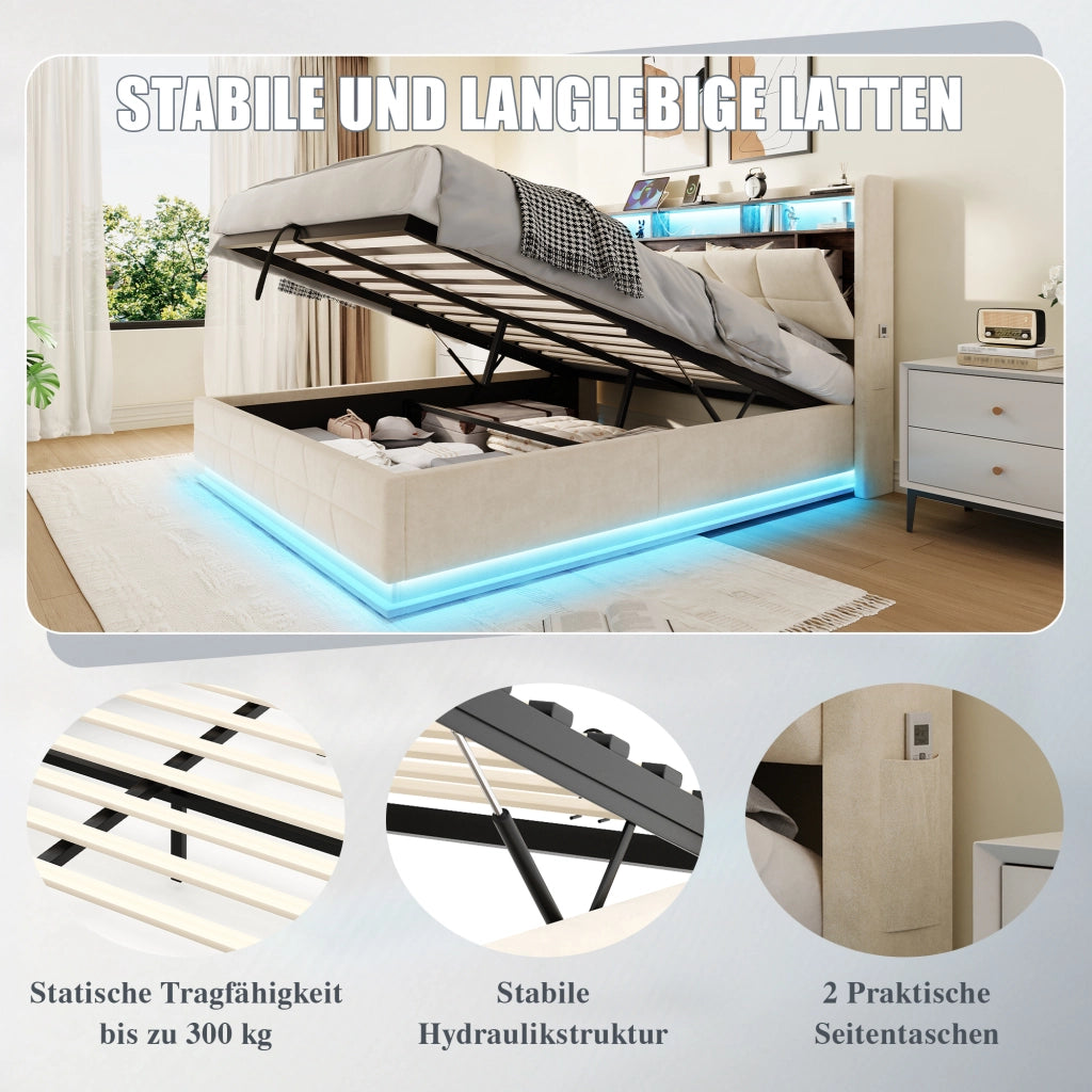 Letto contenitore 140 × 200 cm 2 posti con LED, ripiani, USB e Type-C, senza materasso, velluto beige