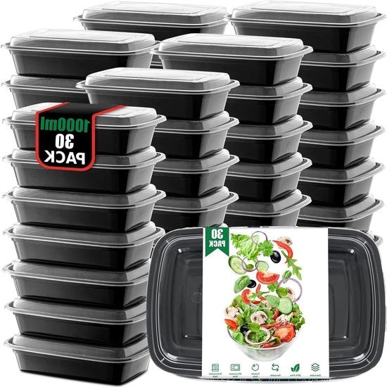 Set di 30 Contenitori per la preparazione delle pasti riutilizzabili con coperchio, 1000 ml, BPA-free, per pranzo, congelatore e forno a microonde, ideale per la conservazione degli alimenti