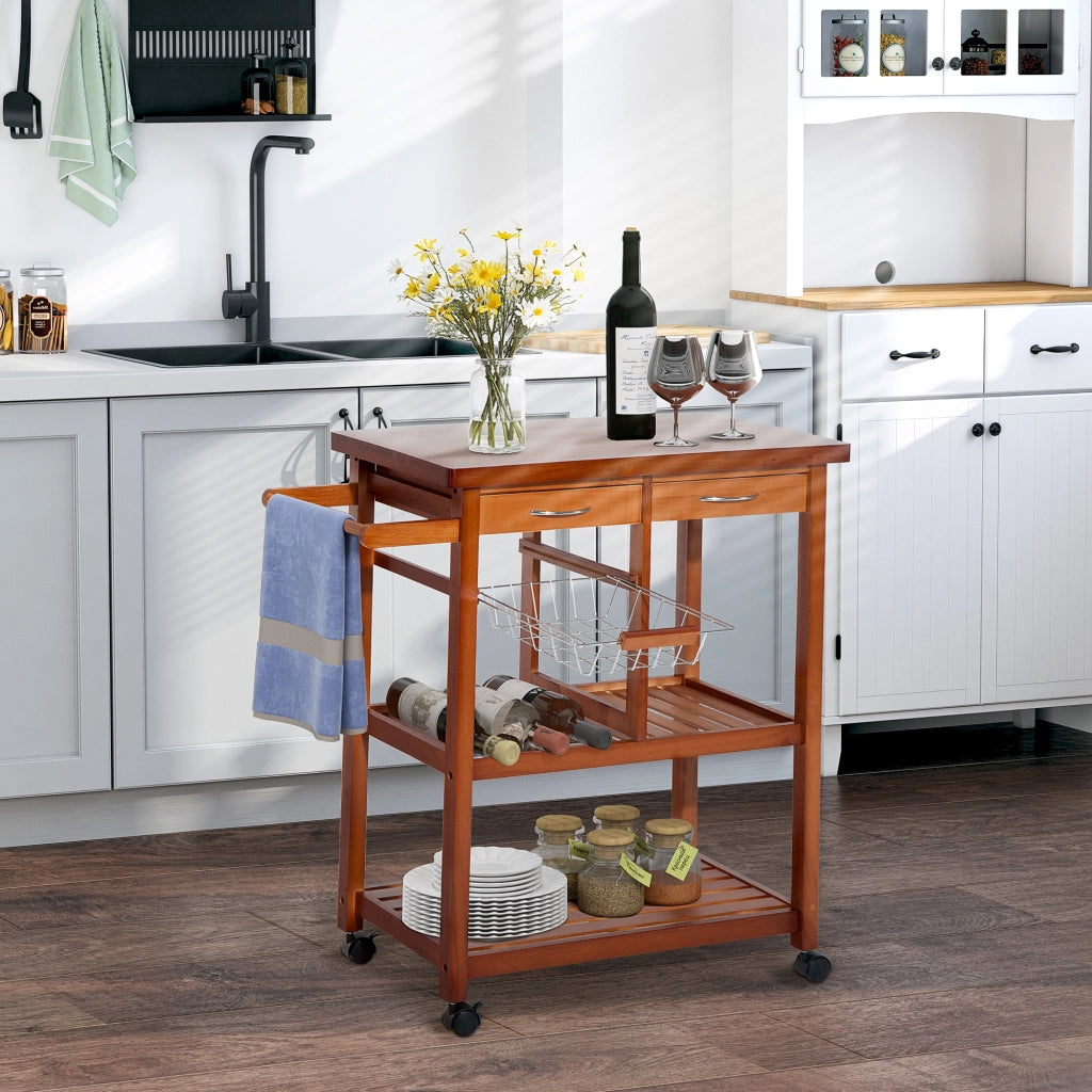 Carrello Portata da Cucina in Legno con Portabottiglie. Cestello. 2 Ripiani. 2 Cassetti. Legno di Pino. Resistente. Agevole. Versatile. 84.5x37.2x85cm