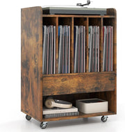 Supporto per Giradischi in Vinile Fino a 180 Album, Mobile Giradischi con Ruote, Mobiletto Portaoggetti con Scomparti Aperti, Cassetto e Ganci per Ufficio, Soggiorno, Studio (Marrone)