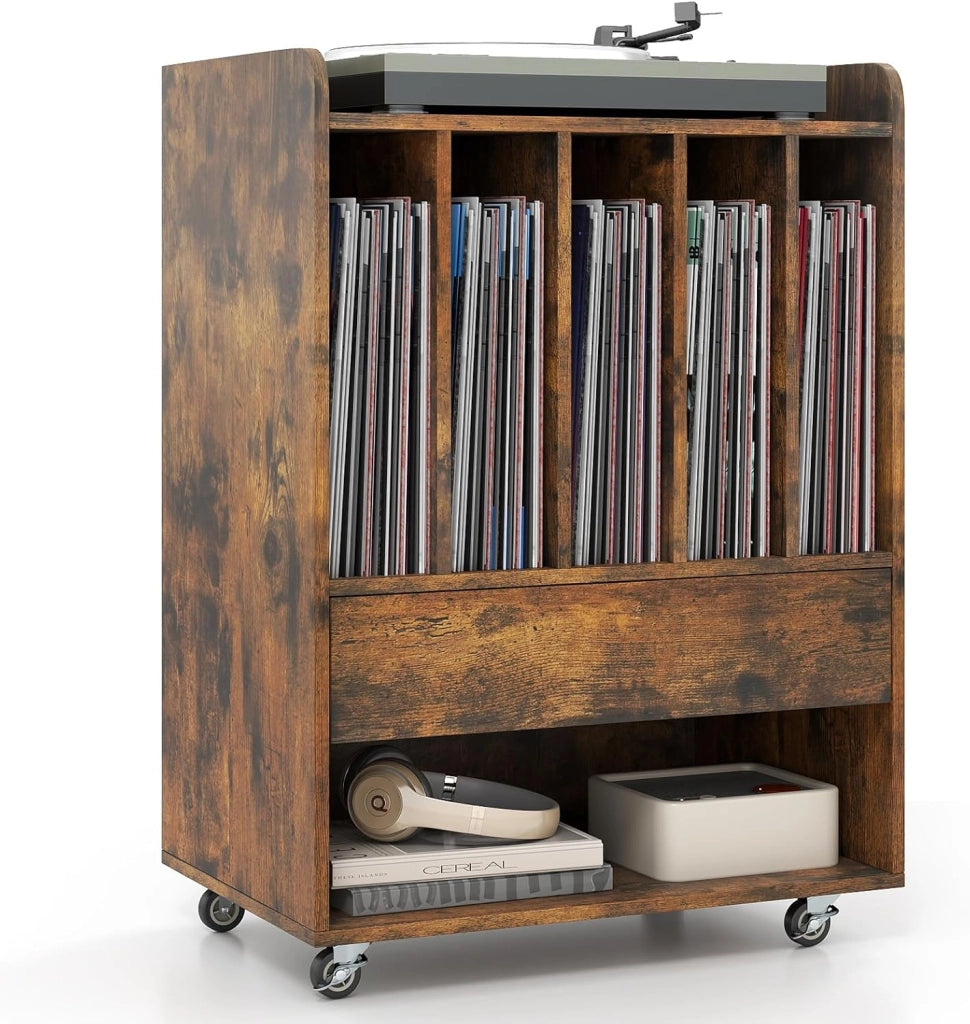 Supporto per Giradischi in Vinile Fino a 180 Album, Mobile Giradischi con Ruote, Mobiletto Portaoggetti con Scomparti Aperti, Cassetto e Ganci per Ufficio, Soggiorno, Studio (Marrone)