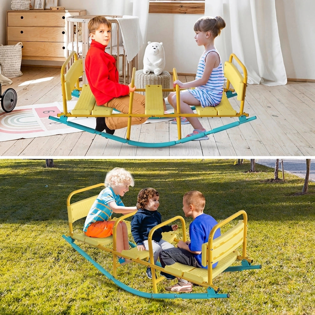 Altalena Basculante per Bambini 3 Posti 132;99 cm in Acciaio e Plastica; Blu e Gialla