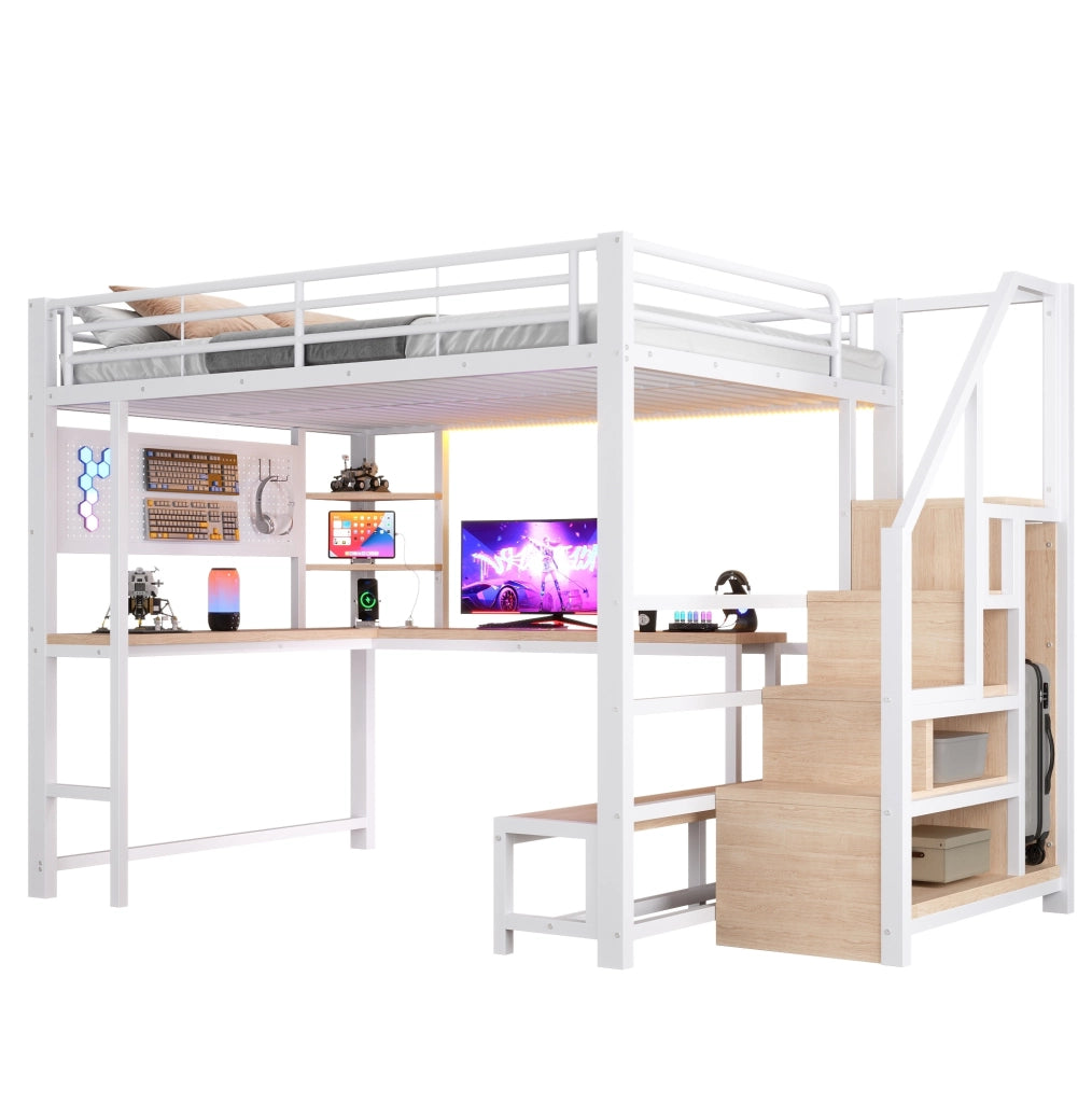 Letto a soppalco 140x200 cm con scrivania; LED; USB e USB-C; MDF e metallo; bianco