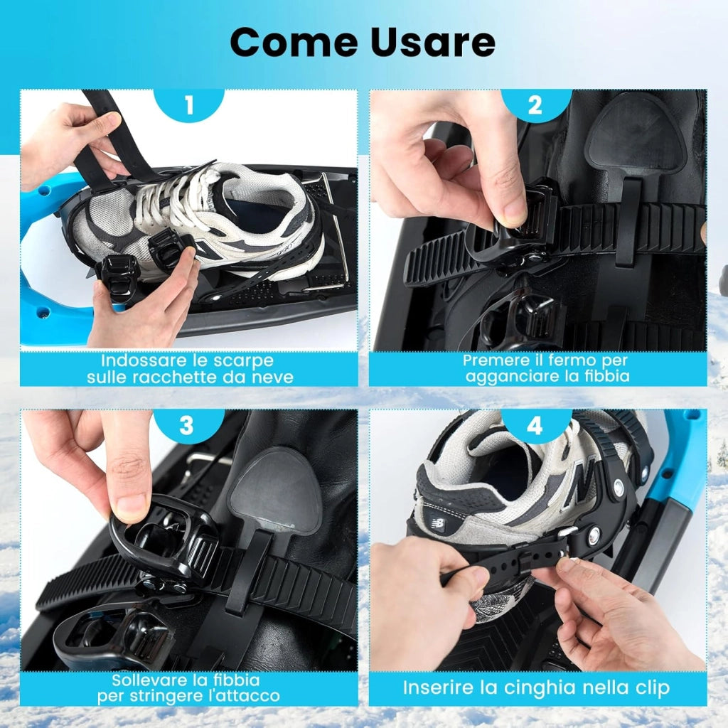 Set Racchette da Neve 35-45 per Uomo, Donna e Gioventù, Bastoncini da Trekking Telescopici 95-135 cm con Punte in Tungsteno, Dischi Neve e Dischi Fango, Ciaspole da Neve Leggere con Borsa