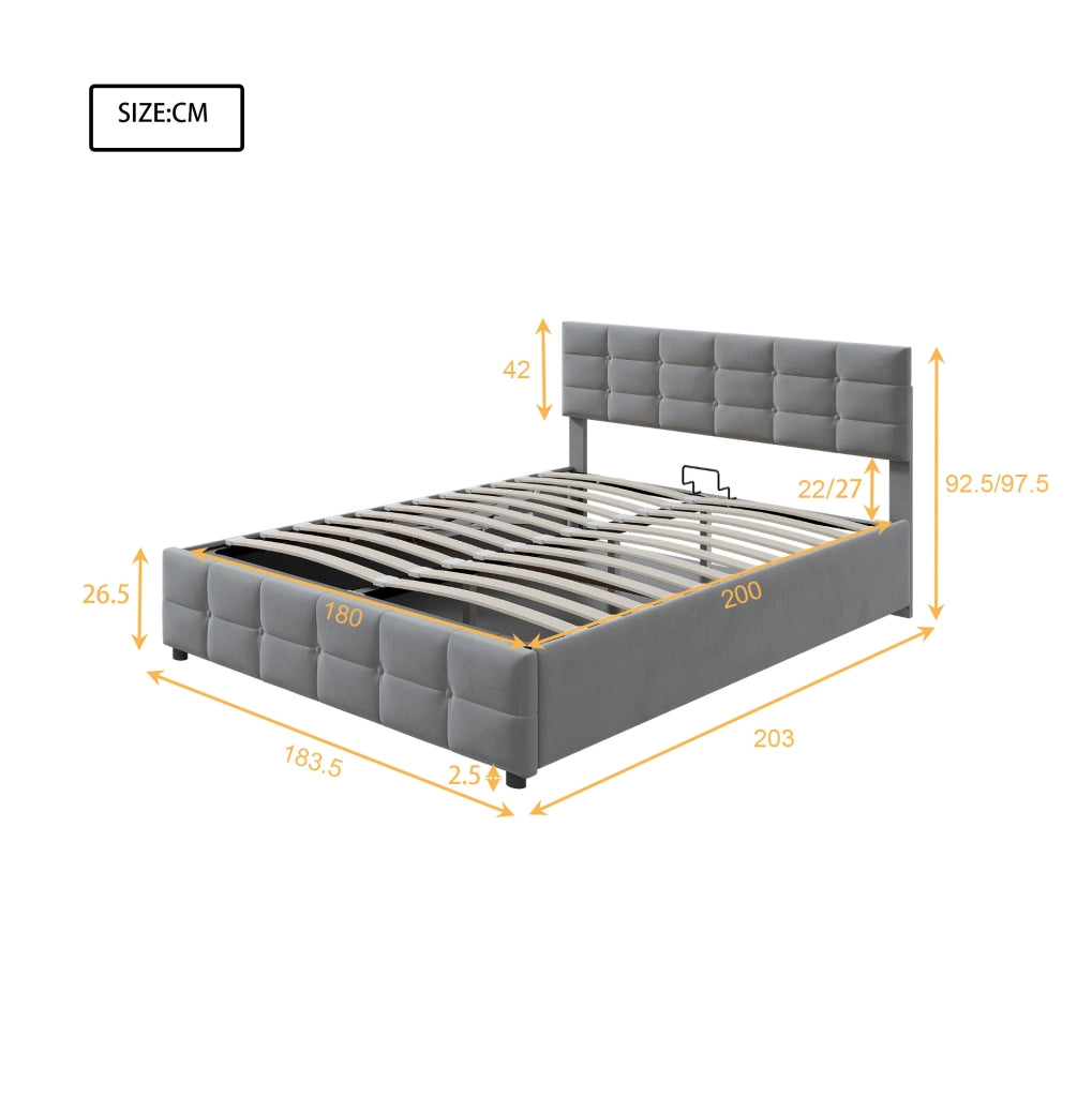 Letto imbottito modulare 180x200 cm con rete a doghe e sollevamento idraulico; velluto grigio