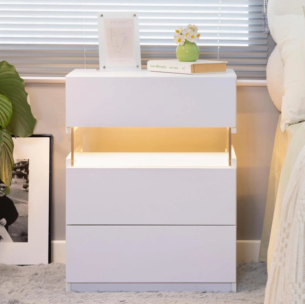 Comodino LED RGB bianco con 3 cassetti e pannello acrilico in legno ingegnerizzato