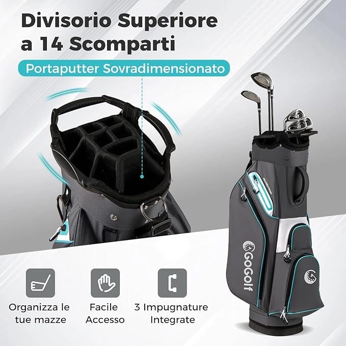 Borsa da Golf per Carrello con 14 Scomparti, Organizzatore Portatile per Mazze da Golf con Tasca Frigo, Tracolla Regolabile, Cappuccio Antipioggia e Porta Ombrello per Uomo e Donna