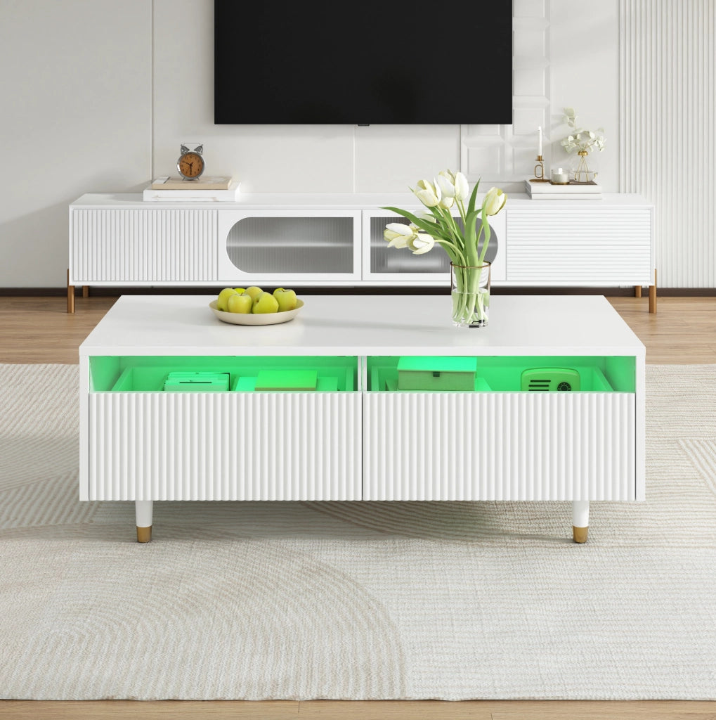 Tavolino 110x50x40 cm in MDF bianco con LED multicolore e 2 cassetti