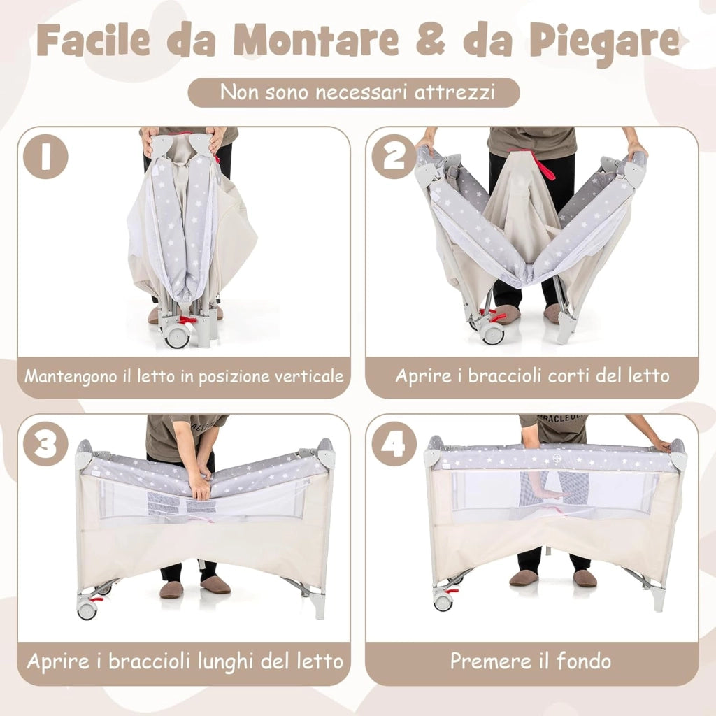 5 in 1 Lettino per Bambini con Materasso, Lettino Culla da Viaggio per Neonati, Culla Neonato con Fasciatoio, Box Portatile Pieghevole, con Ruote e Borsa, 125 x 65 x 119 cm (Beige)