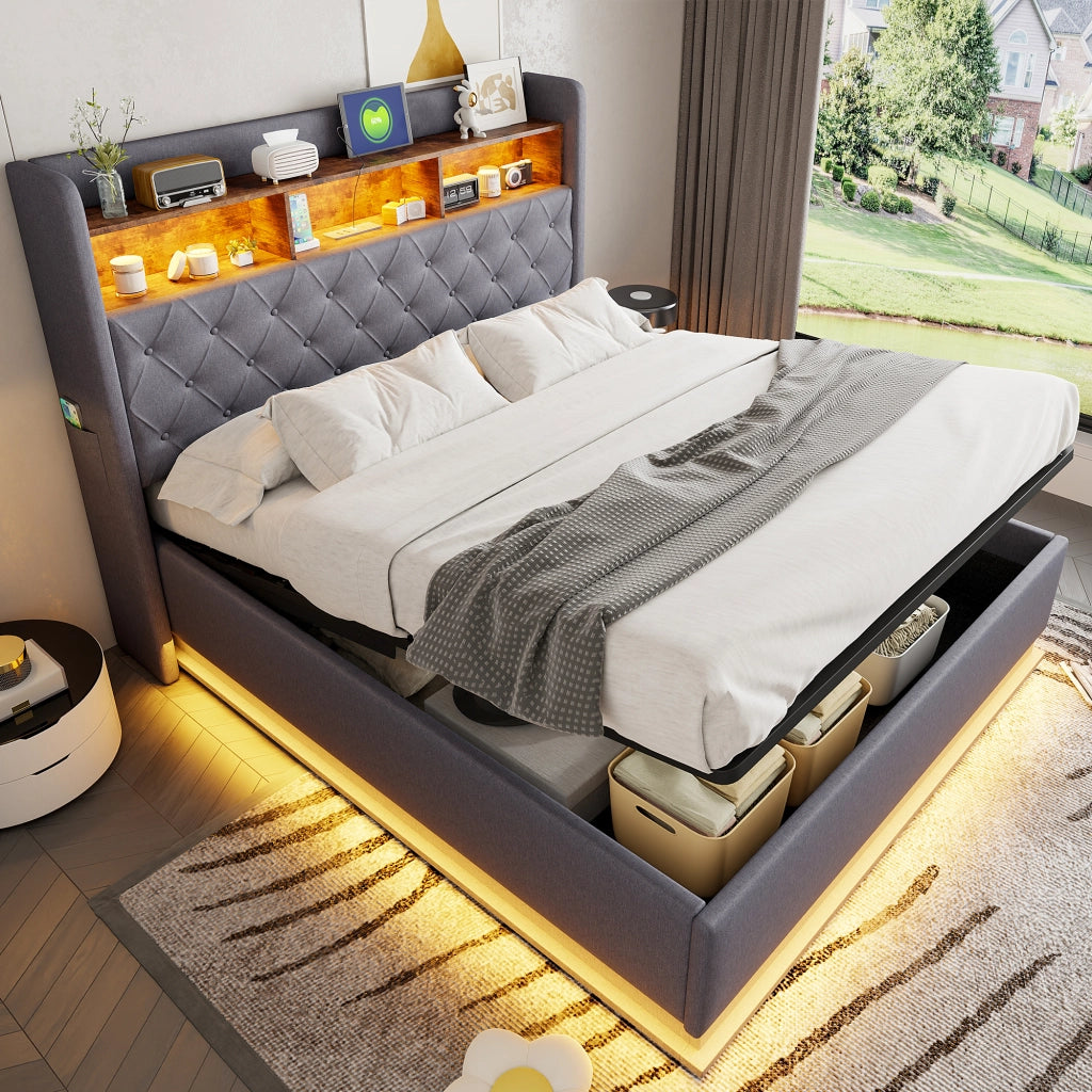 Letto Contenitore 160 x 200 cm con LED; USB e vano idraulico in Tessuto Grigio