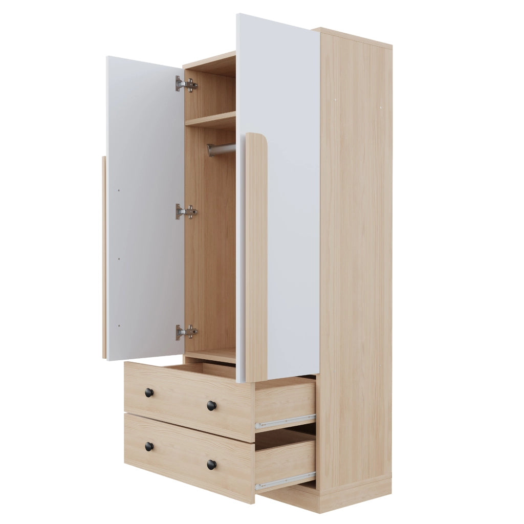 Armadio con 2 ante e 2 cassetti, 1 vano, per camera da letto e soggiorno, in legno, naturale e bianco, 70 × 40 × 170 cm