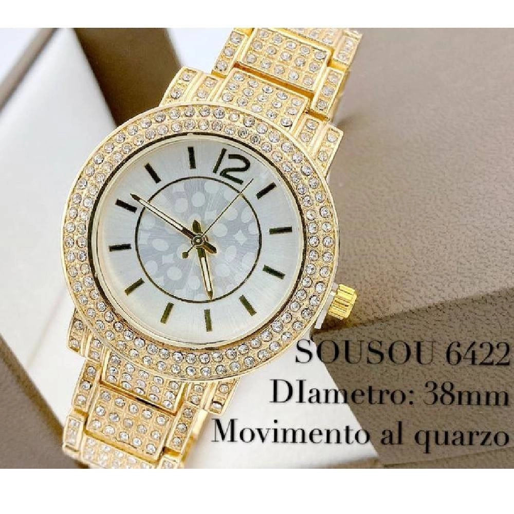 Trade Shop - Orologio Da Polso Sousou 6422 Quarzo Brillantini Analogico Dorato Fondo Bianco -