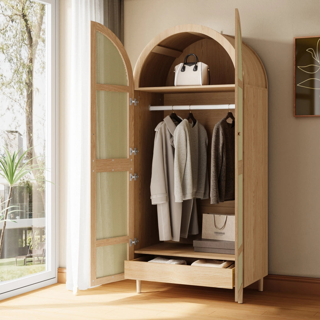 Armadio moderno 80x50x179 cm con ante in rattan e cassetti