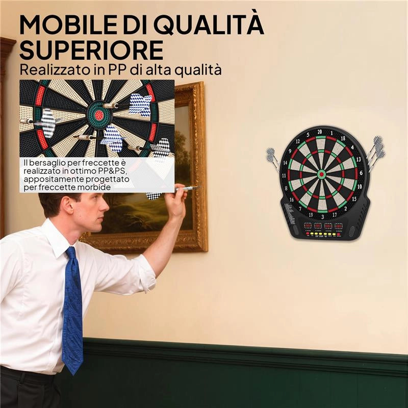 BERSAGLIO FRECCETTE CON 6 FRECCETTE, ALIMENTATORE, 4 DISPLAY LED E 27 GIOCHI, IN ABS E PP, 44X51.5X3.2 CM, NERO