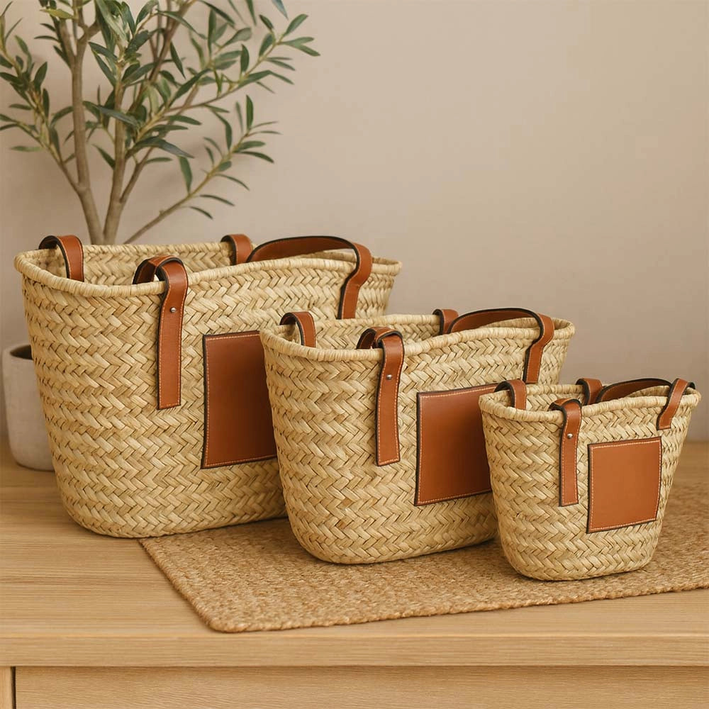 Borsa mare Erba Spring paglia intrecciata con manici in cuoio 29x14x28 cm grande